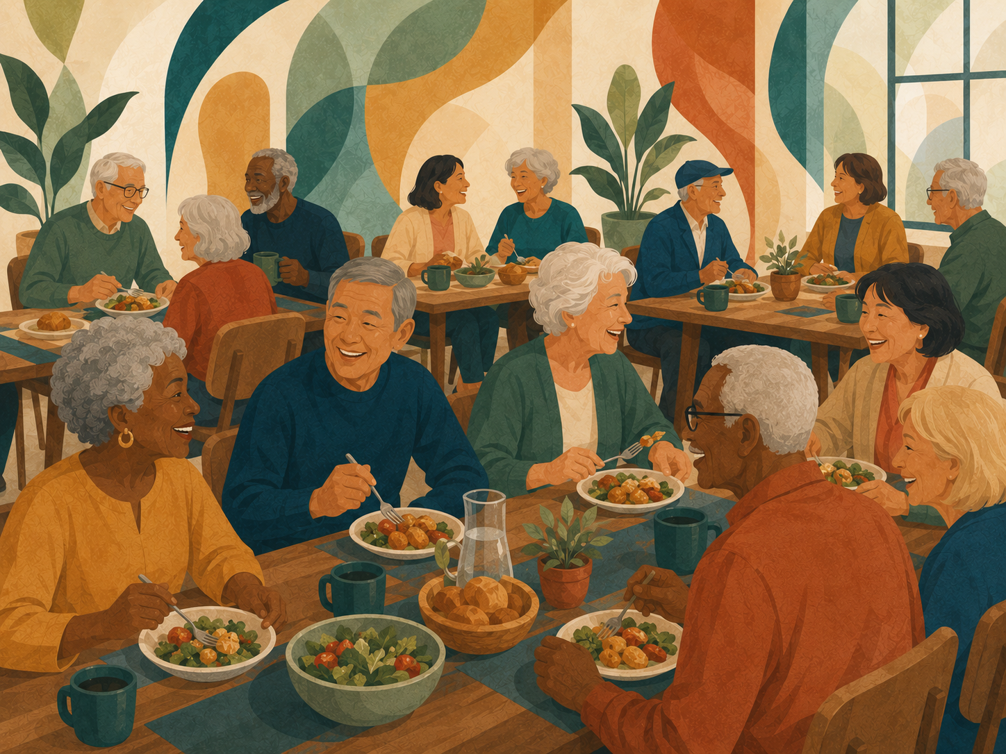 Members enjoying lunch together at a long communal table