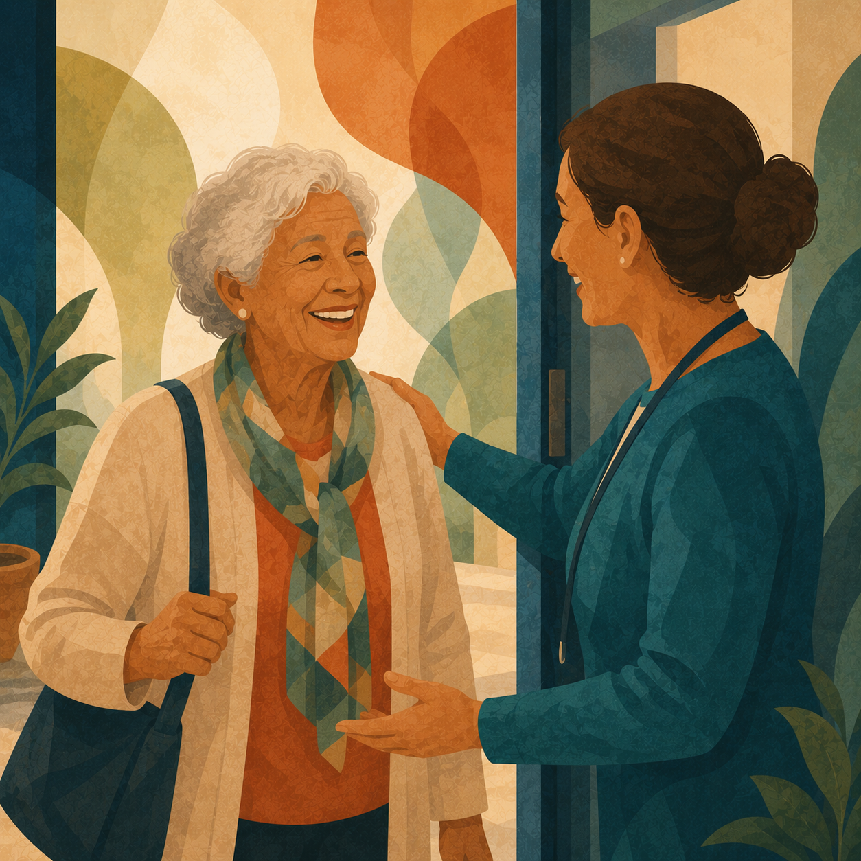 Warm portrait of a smiling member being greeted by staff at the door