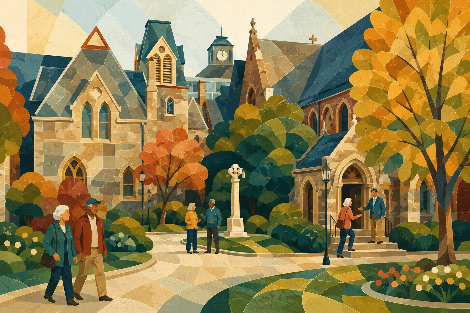 Illustrated view of the St. John's church courtyard where The Over 60 Club welcomes members