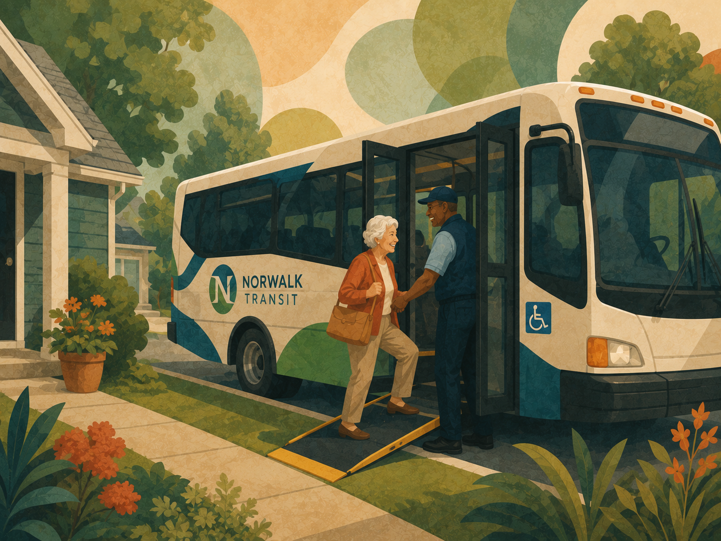 Member boarding the Norwalk Transit ADA bus outside their home